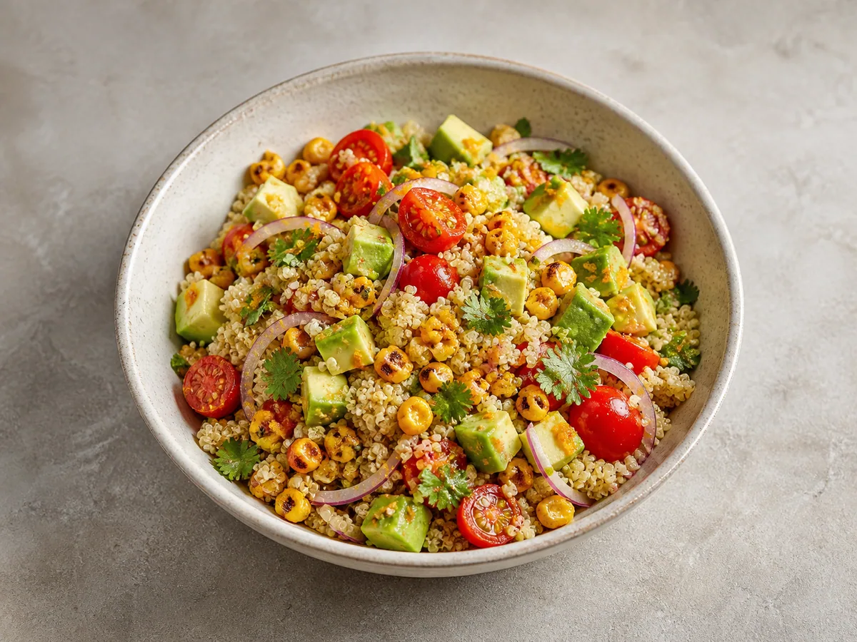 Bowl of Peruvian quinoa avocado salad with charred corn and tomatoes
