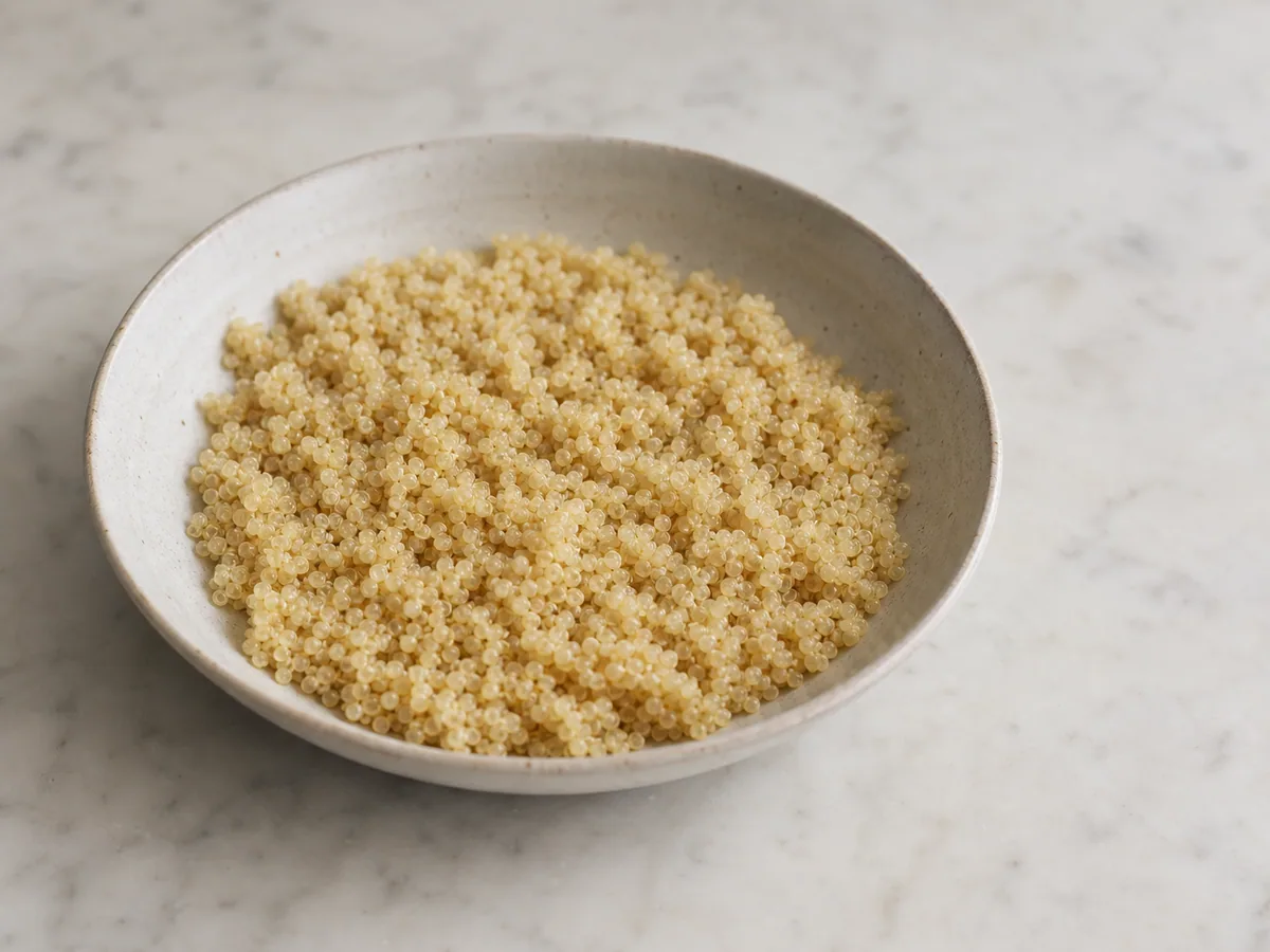 Quinoa branca cozida e soltinha, espalhada em um prato largo com grãos separados