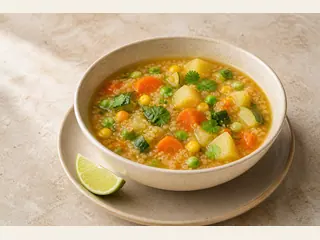 Tazón de sopa peruana de quinoa con verduras, papas, maíz, guisantes, calabacín y cilantro