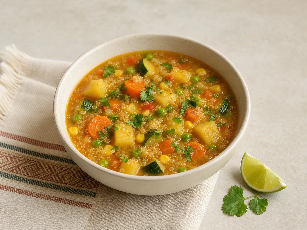 Bowl of Peruvian quinoa vegetable soup with potatoes, corn, peas, zucchini, and cilantro