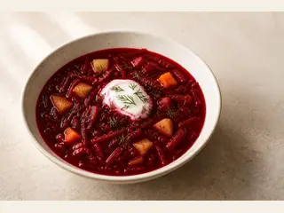 Tazón de borscht polaco de remolacha color rubí, terminado con crema agria y eneldo