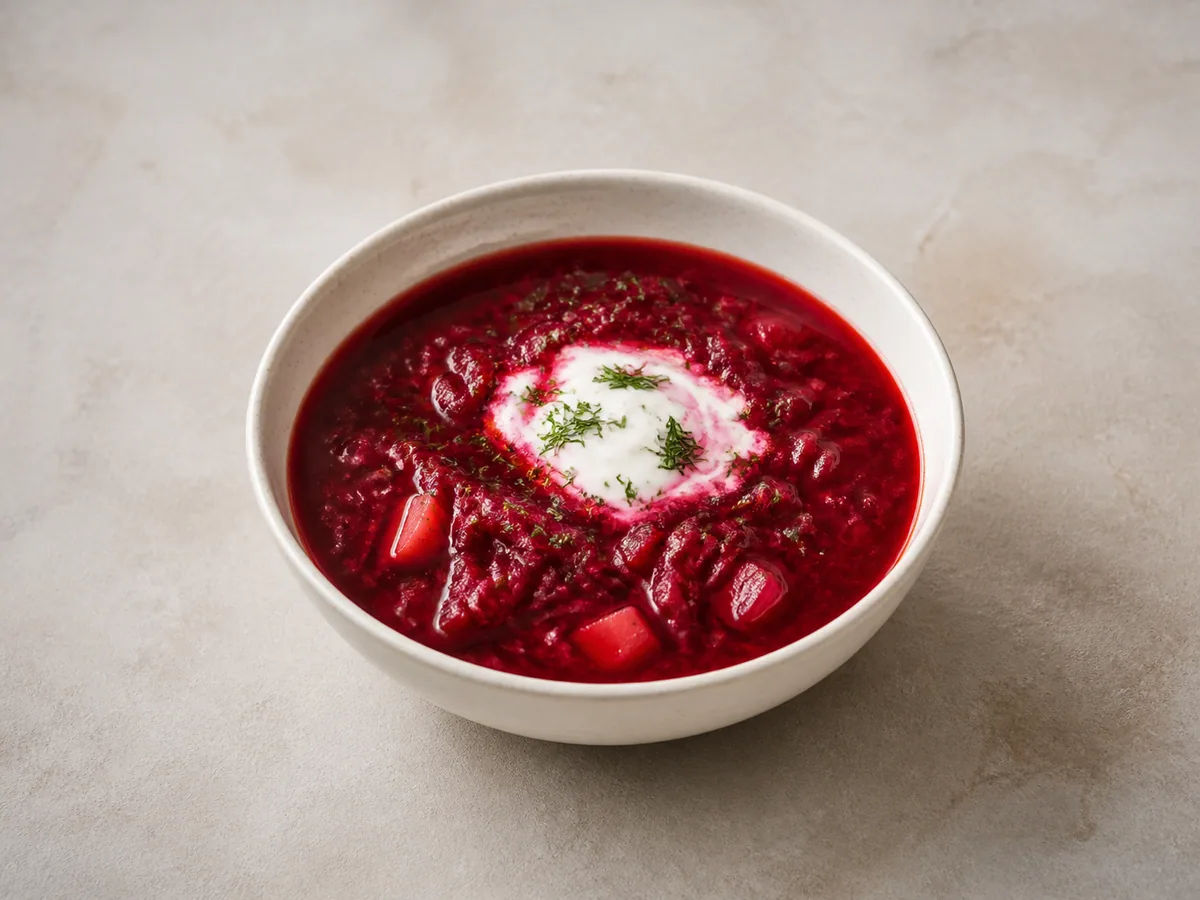 Bowl of ruby Polish beet borscht finished with sour cream and dill