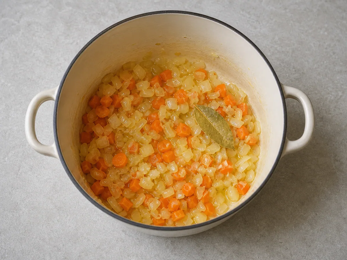 Verduras ablandadas sin dorar y aromáticos fragantes en la olla para borscht polaco de remolacha