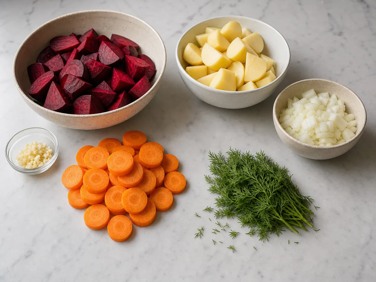 Verduras preparadas para borscht polaco de remolacha, con remolachas ralladas gruesas y raíces cortadas uniformemente