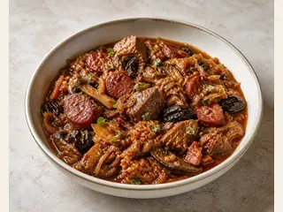 Tigela de ensopado polonês com repolho, carne suína, kielbasa, cogumelos e ameixas secas