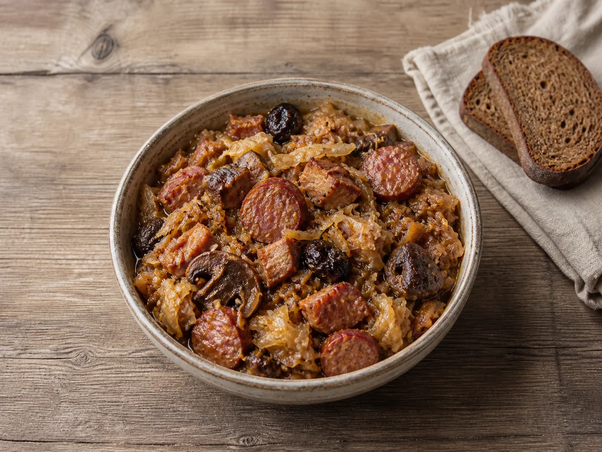 Bowl of Polish hunter's stew with cabbage, pork, kielbasa, mushrooms, and prunes