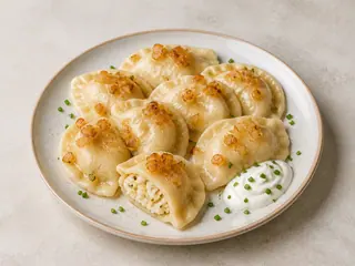 Pierogi polacos de papa y queso con cebolla dorada y crema agria