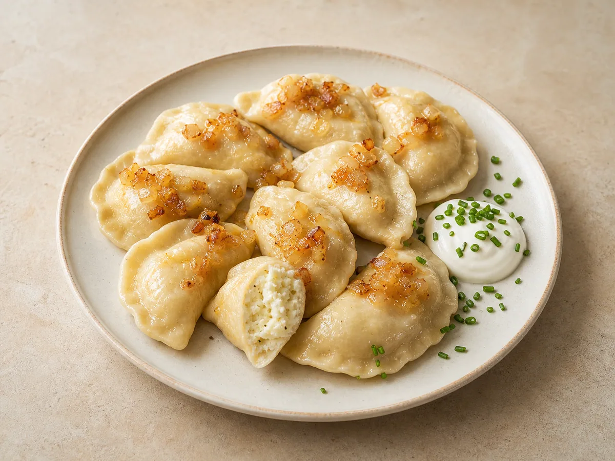 Pierogi poloneses de batata e queijo com cebolas douradas e creme azedo