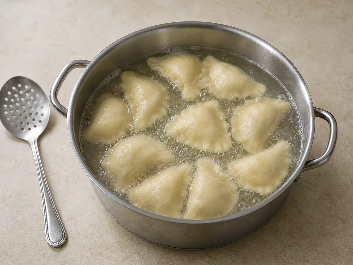 Puffed pierogi poloneses de batata e cheese pierogi floating at a gentle boil
