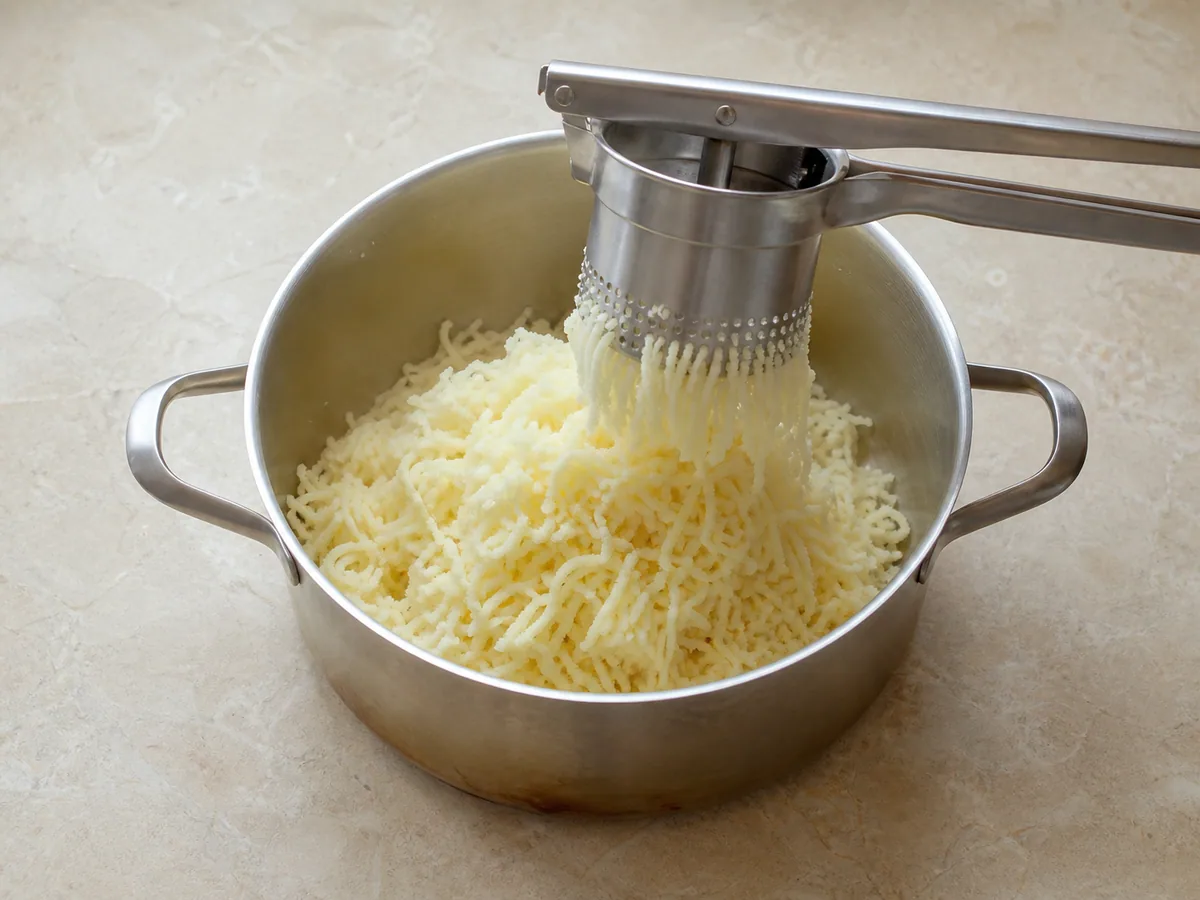 Steam-dried potatoes pressed through a ricer for pierogi poloneses de batata e cheese pierogi