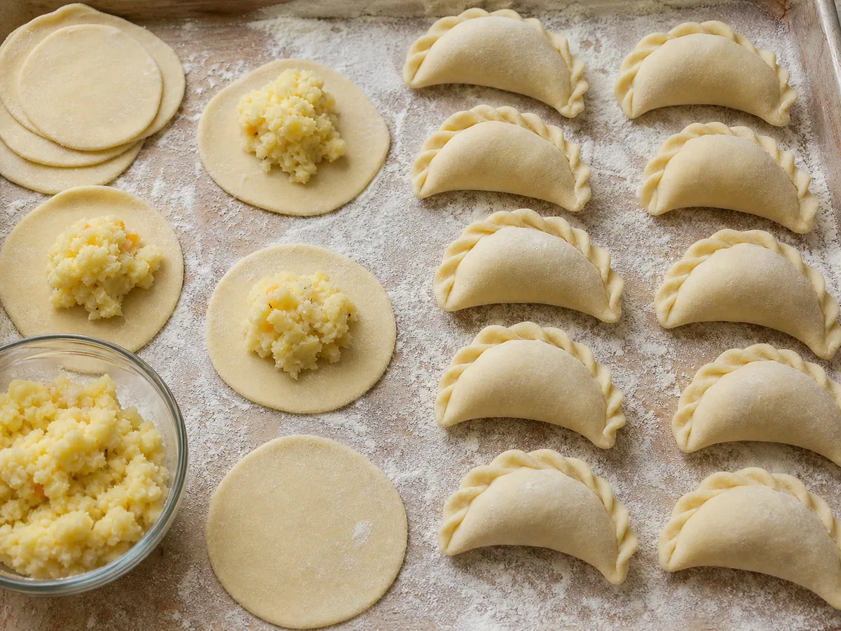 Abra, recheie e feche os pierogi durante o preparo