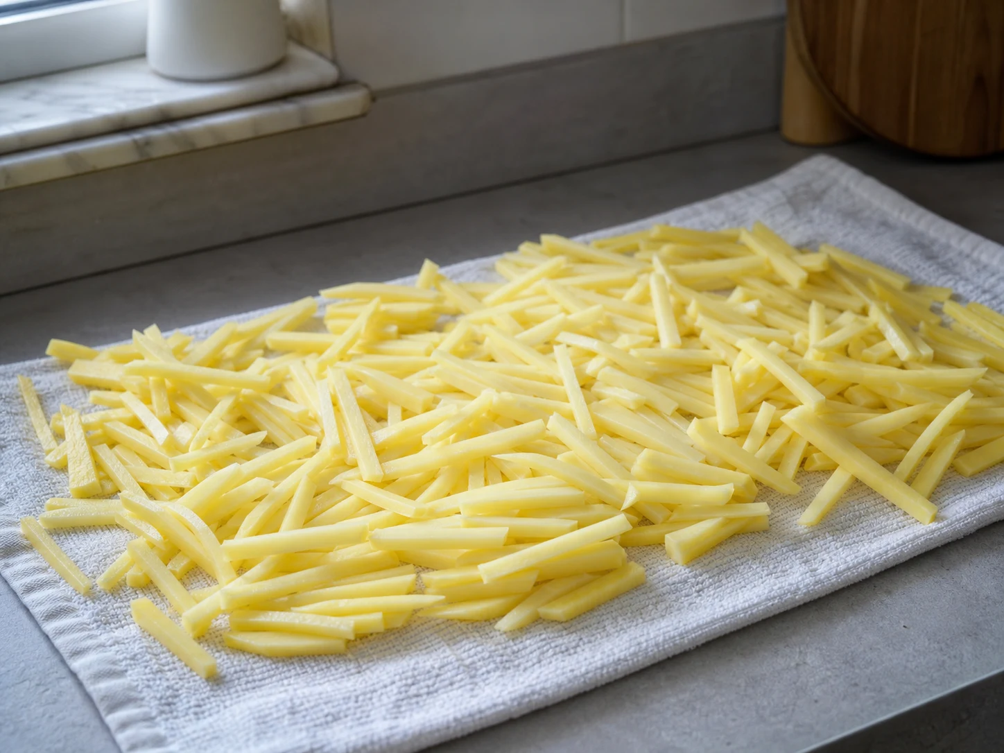 Palitos uniformes e secos de batata firme prontos para o Bacalhau à Brás
