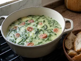 Tazón de caldo verde portugués con tiras de col rizada y salchicha de pavo