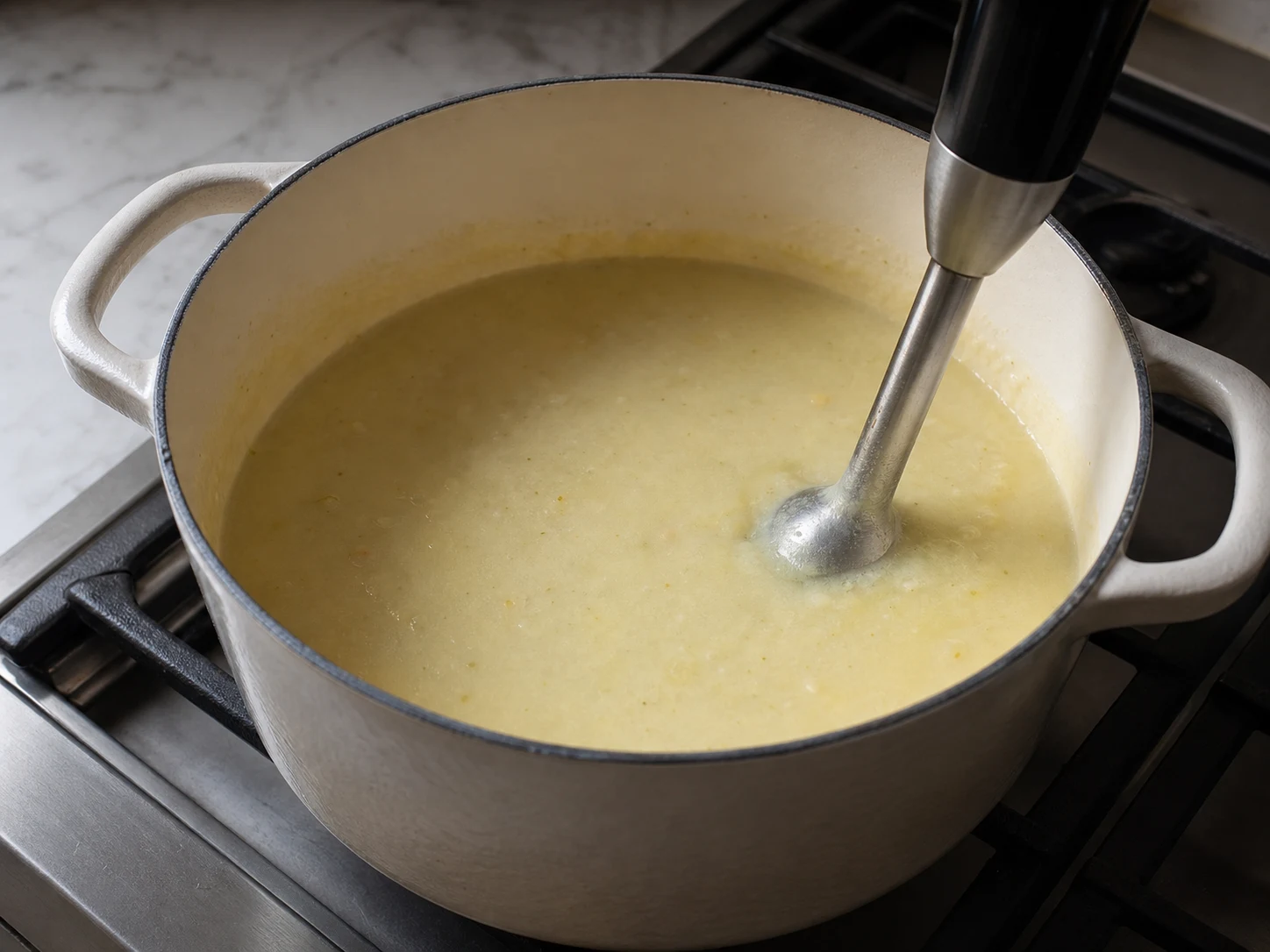 Smooth potato base in a pot after blending for Portuguese caldo verde