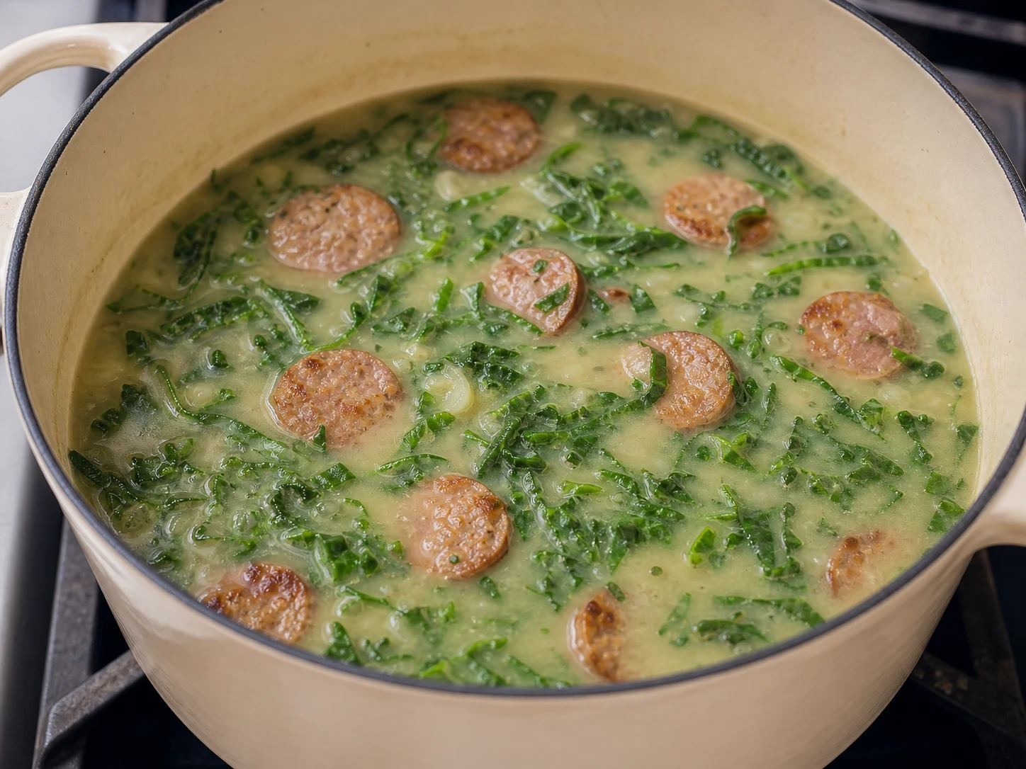 Finished caldo verde in the pot with green kale ribbons and cooked turkey sausage
