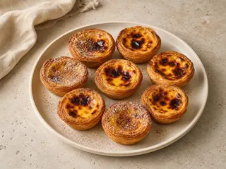 Pastéis de nata portugueses con crema dorada y ampollada y masa hojaldrada crujiente