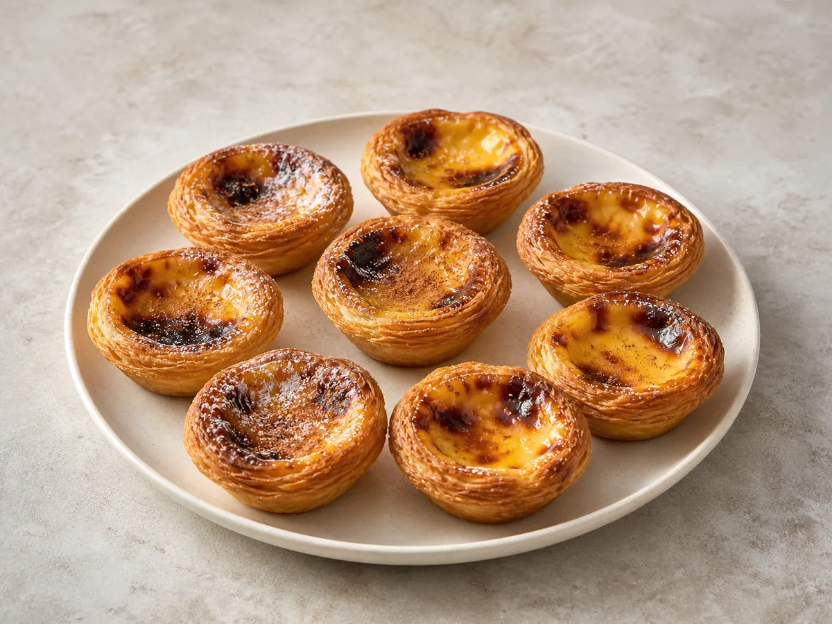 Portuguese pastéis de nata with blistered custard tops and flaky pastry