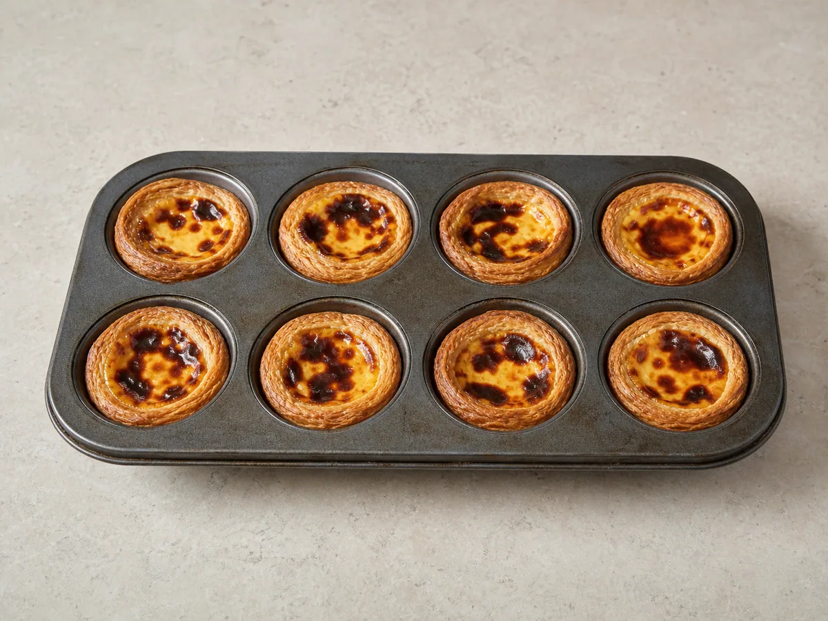 Pastéis de nata completamente horneados, con crema dorada y hojaldre en un molde metálico