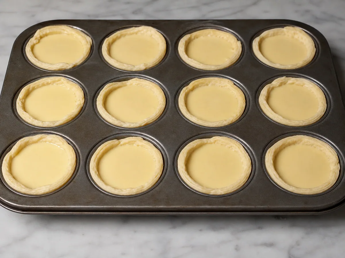 Pale custard being poured into pastry shells in a muffin tin beside baked tarts