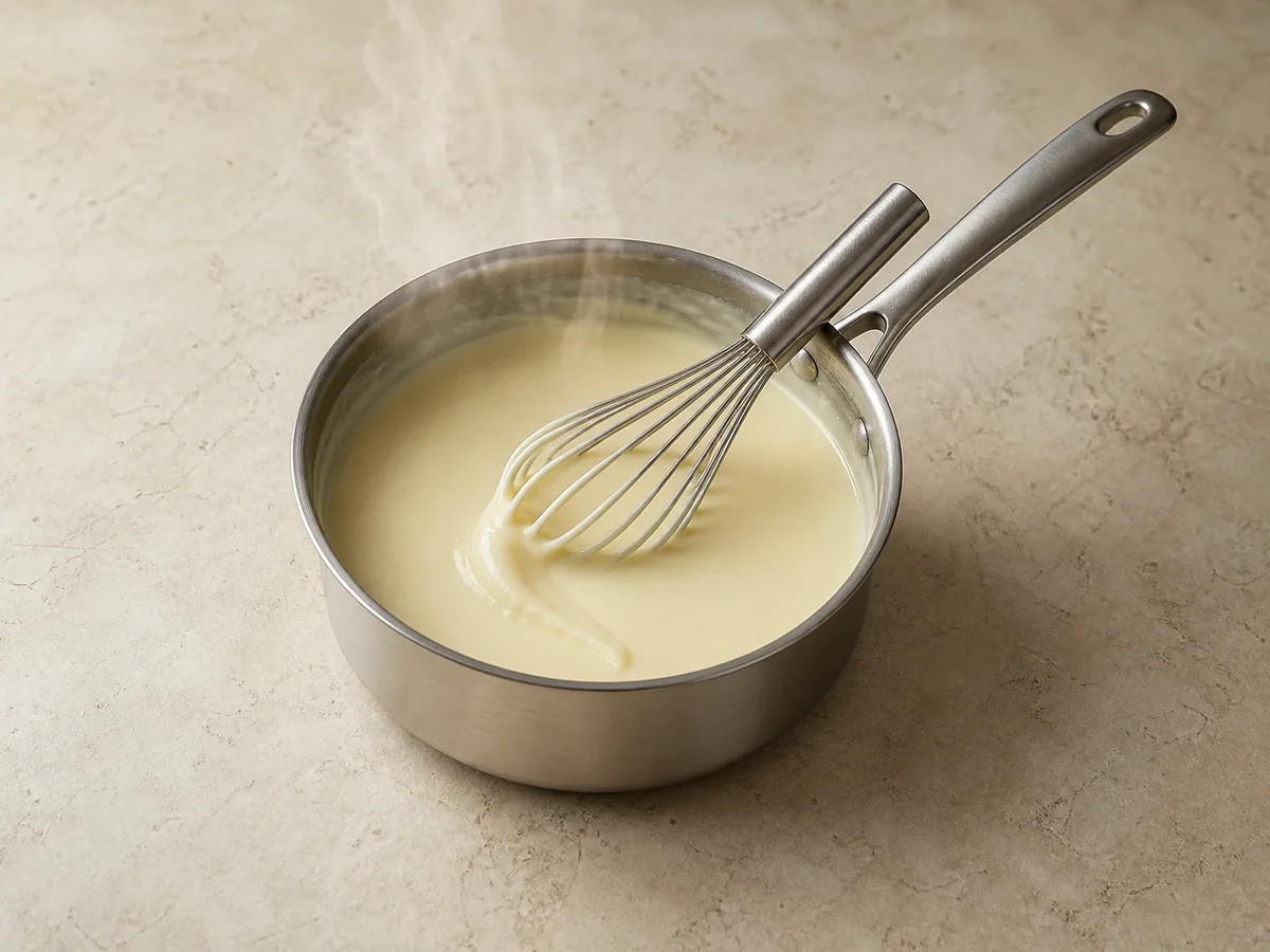 Crema pálida vertiéndose en bases de hojaldre en un molde para muffins, junto a tartitas ya horneadas