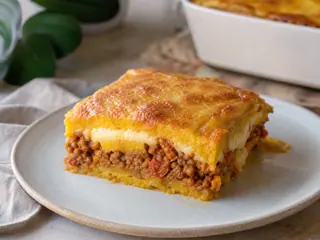 Porción de pastelón puertorriqueño de carne que muestra capas de plátano dulce, picadillo y mozzarella fundida