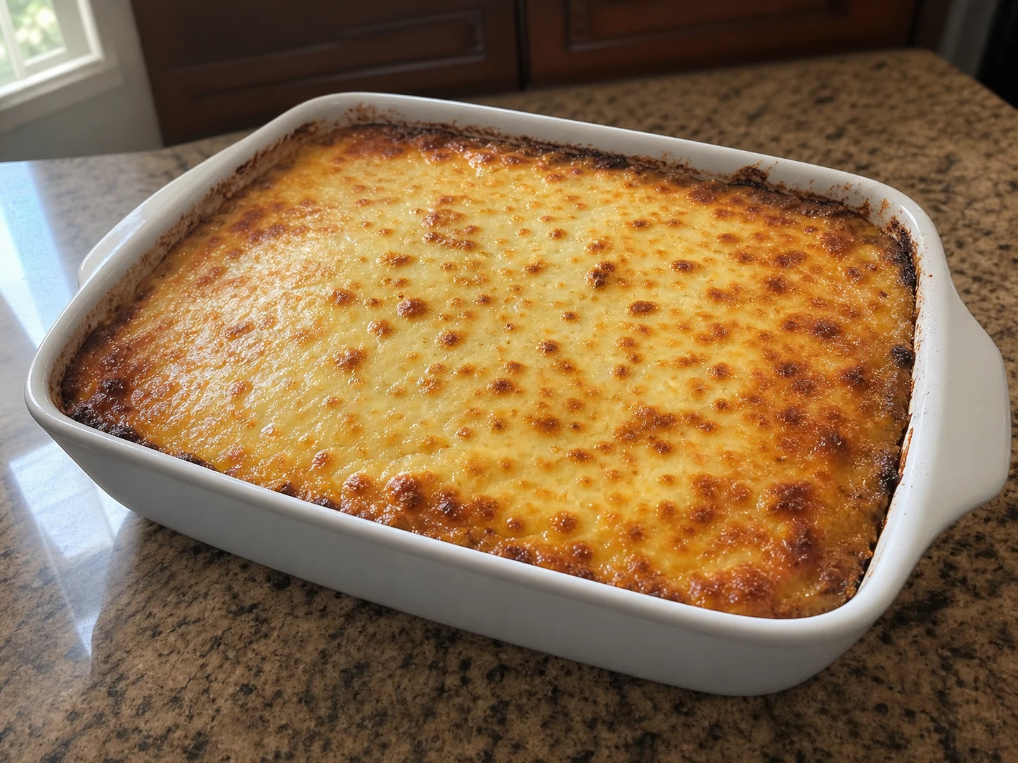 Pastelón puertorriqueño de carne horneado, con centro cuajado, bordes burbujeantes y mozzarella ligeramente dorada