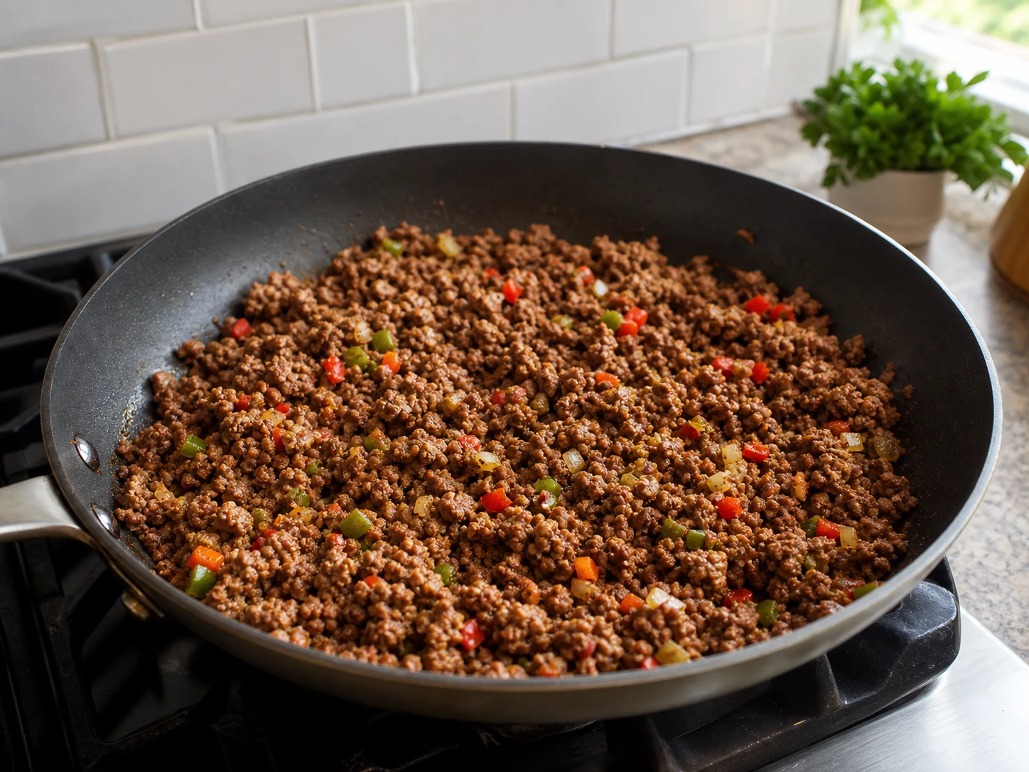 Migas de carne molida completamente cocida con pimiento y cebolla suaves para pastelón puertorriqueño