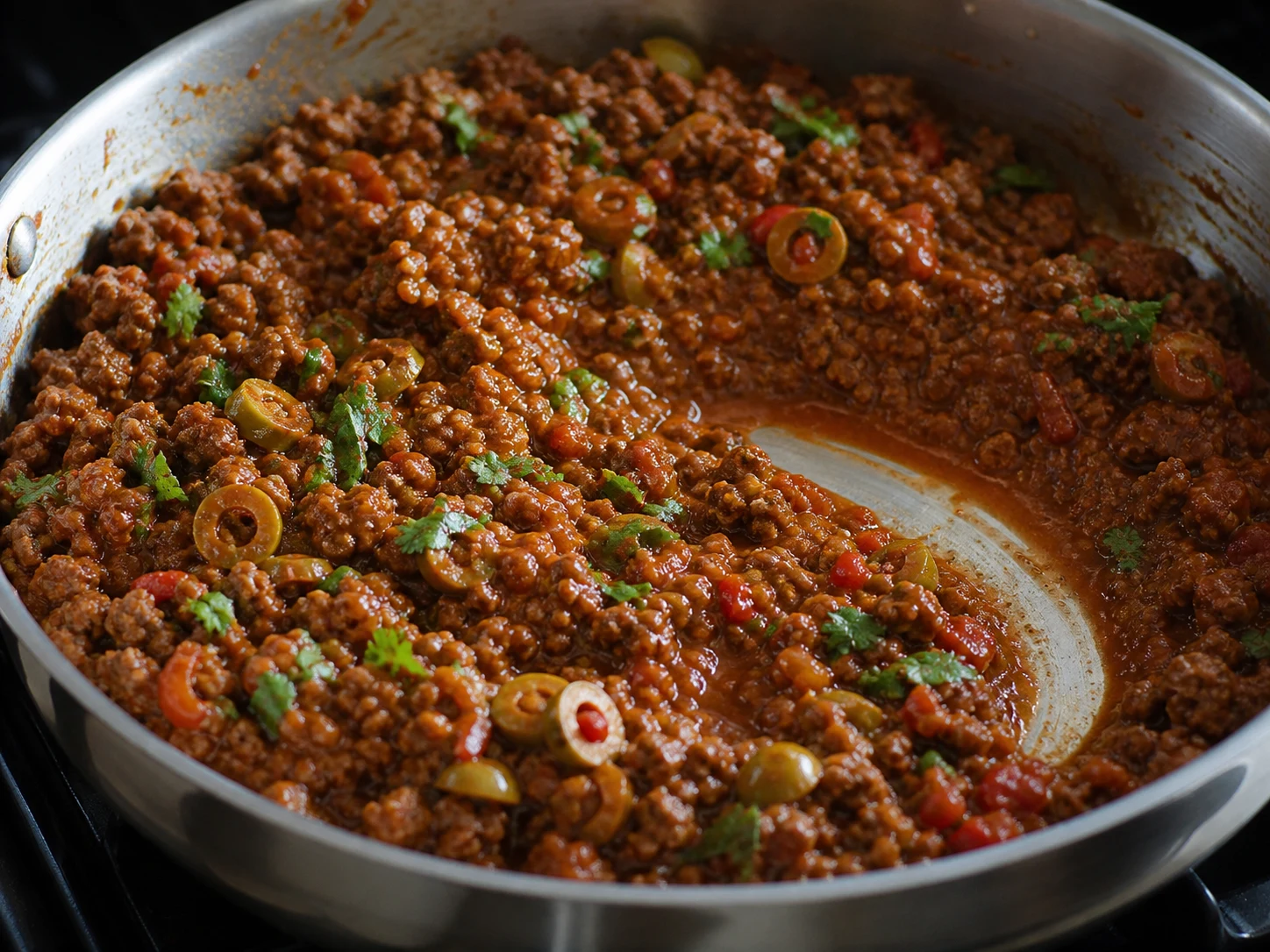 Picadillo puertorriqueño espeso de carne con tomate, aceitunas y cilantro, con un rastro de cuchara en la sartén