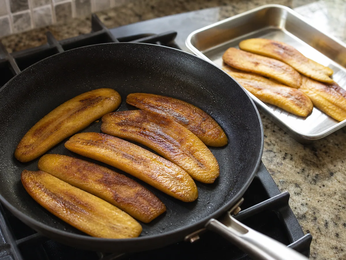 Láminas doradas de plátano maduro que se doran en una sartén para el pastelón puertorriqueño de carne