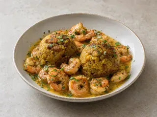 Cúpulas de mofongo puertorriqueño rodeadas de camarones al ajillo y salsa de mantequilla
