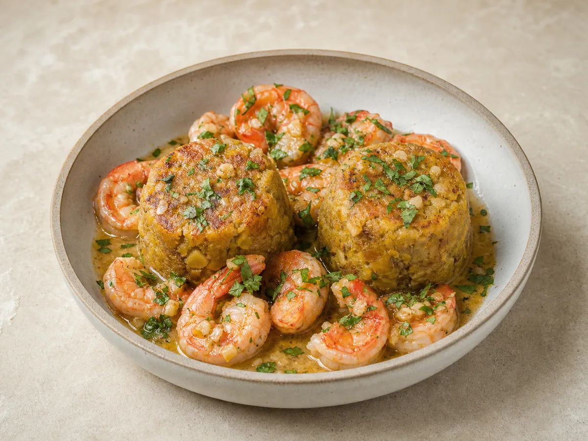 Cúpulas de mofongo puertorriqueño rodeadas de camarones al ajillo y salsa mantecosa