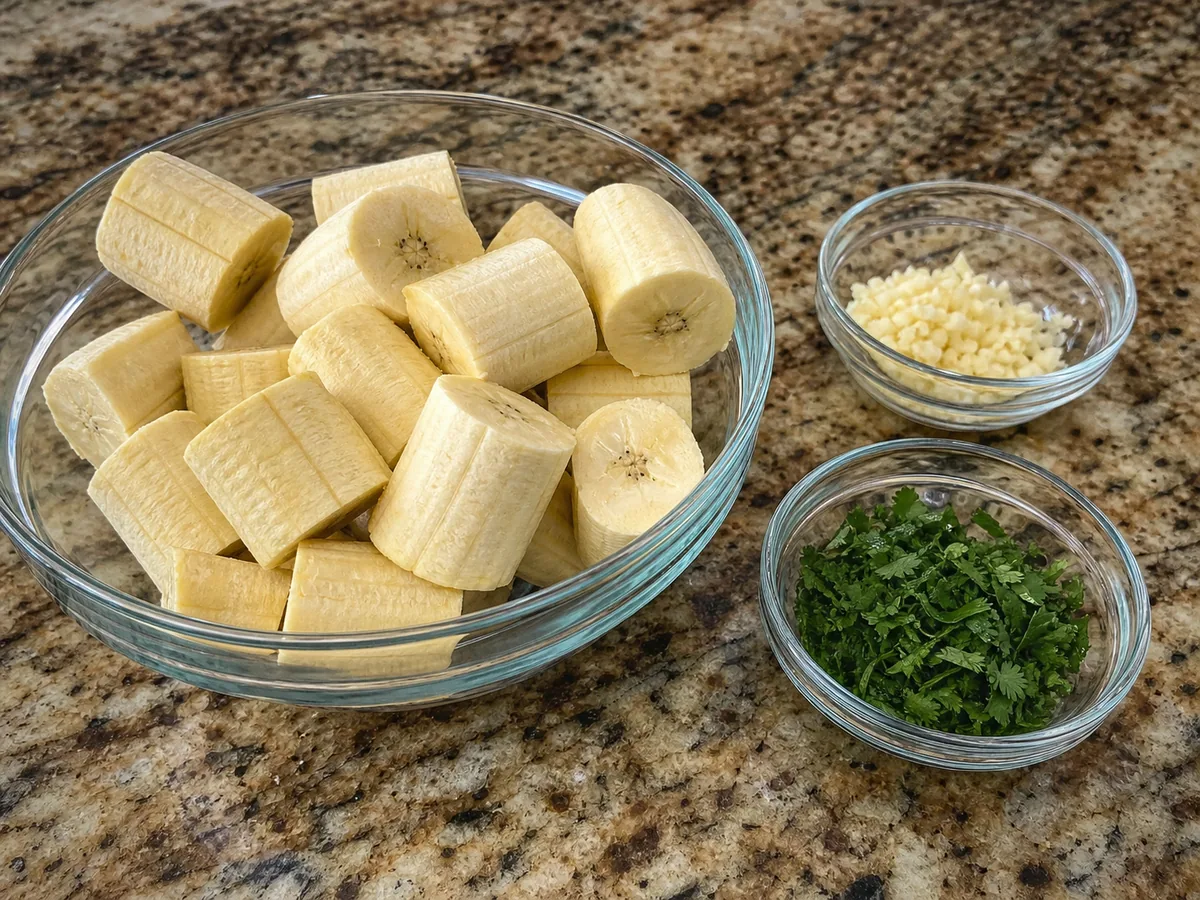 Prepare the plantains and aromatics during preparation