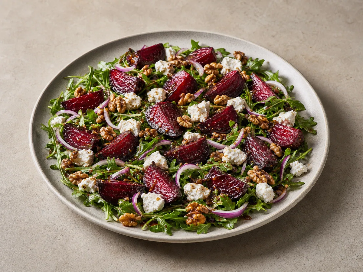Ensalada de remolacha asada con rúcula, queso de cabra y nueces tostadas