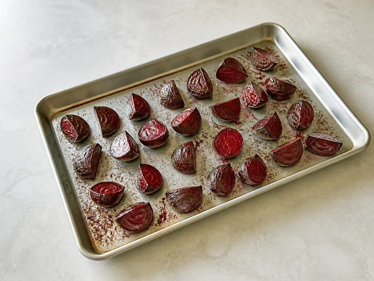 Roasted beet wedges browned at the edges on a rimmed baking sheet