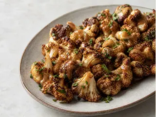 Coliflor asada con glaseado de tahini y dátiles, perejil y semillas de ajonjolí tostadas