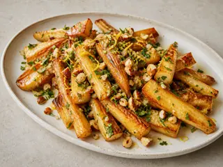 Roasted parsnips topped with hazelnut gremolata on a shallow serving platter
