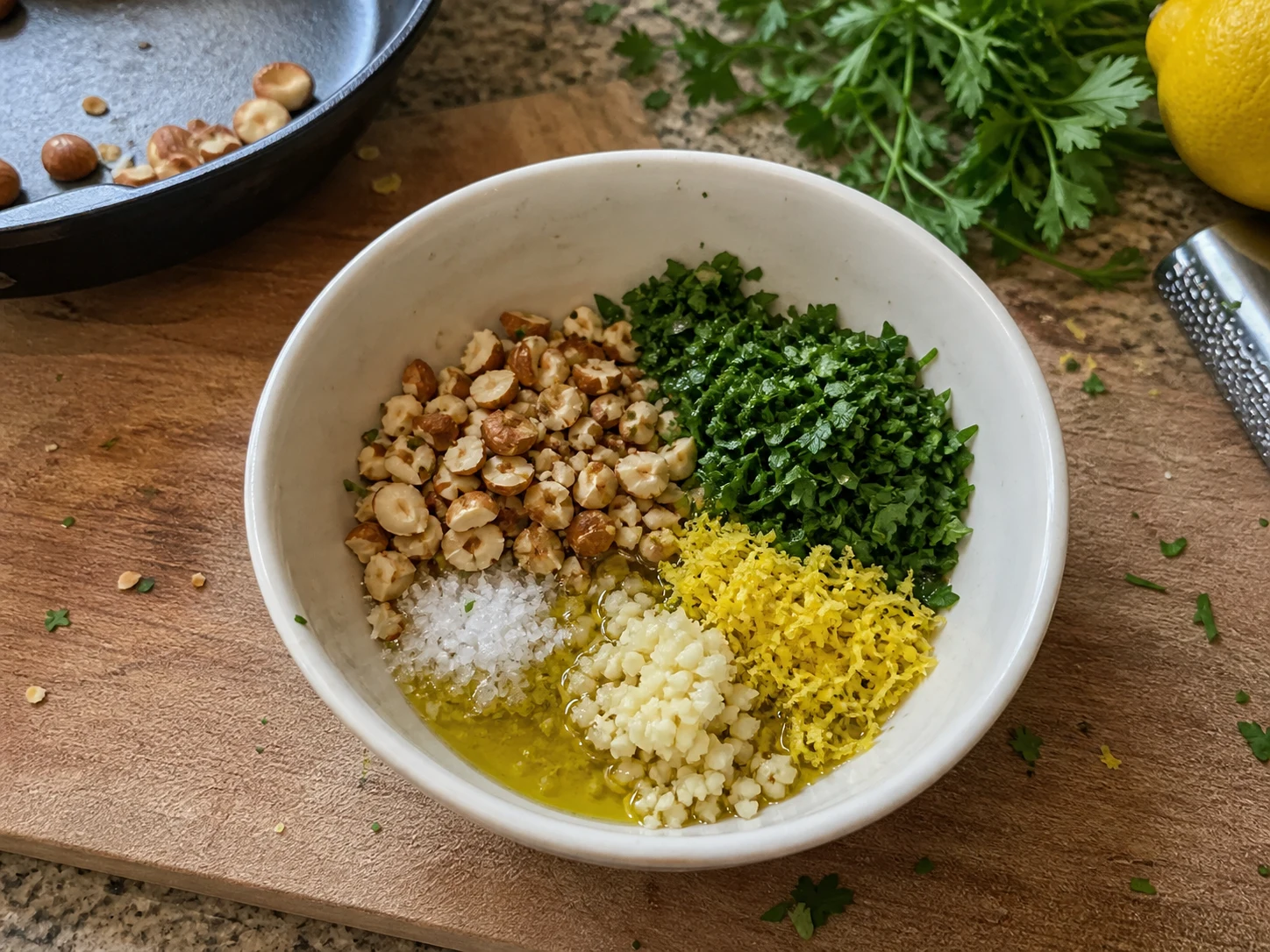 Coarse hazelnut gremolata mixed while the parsnips complete their first roasting interval