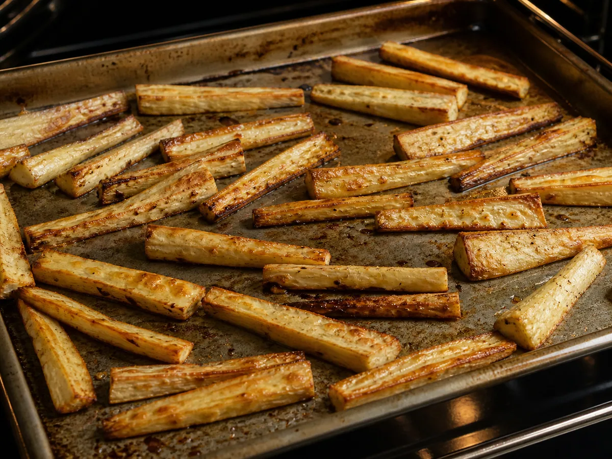 Deeply golden roasted parsnip batons tender at the center on a rimmed baking sheet