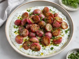Warm roasted radishes on lemon-herb yogurt with dill and parsley