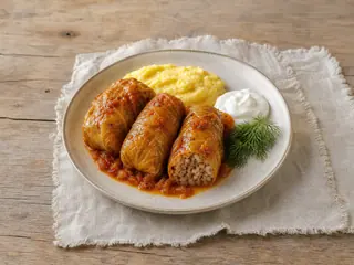 Rolinhos de repolho romenos com polenta e creme azedo