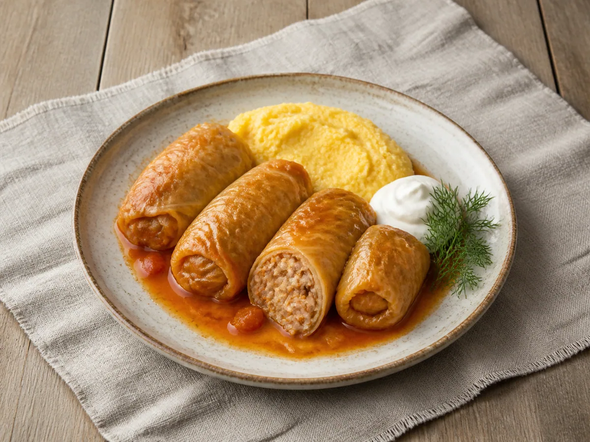 Romanian cabbage rolls with polenta and sour cream