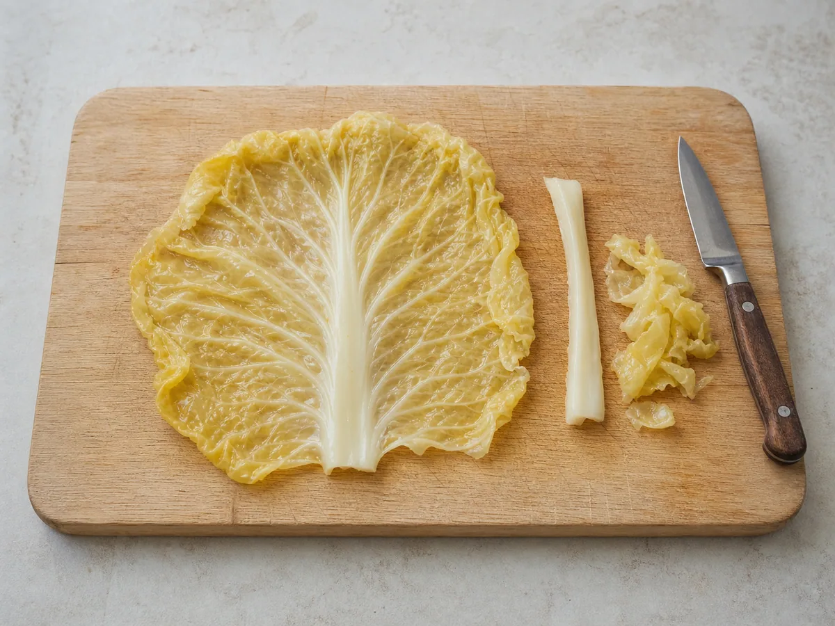 Sour cabbage leaf with its thick central rib carefully thinned for rolling