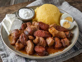 Tochitura romena de porco e linguiça com mămăligă, ovo frito bem cozido, queijo e molho de alho
