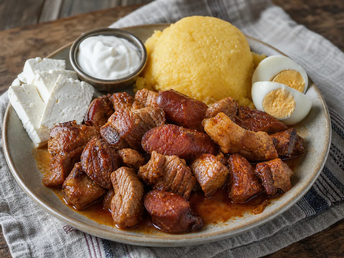 Romanian pork and sausage tochitura with mamaliga, firm fried egg, cheese, and garlic sauce