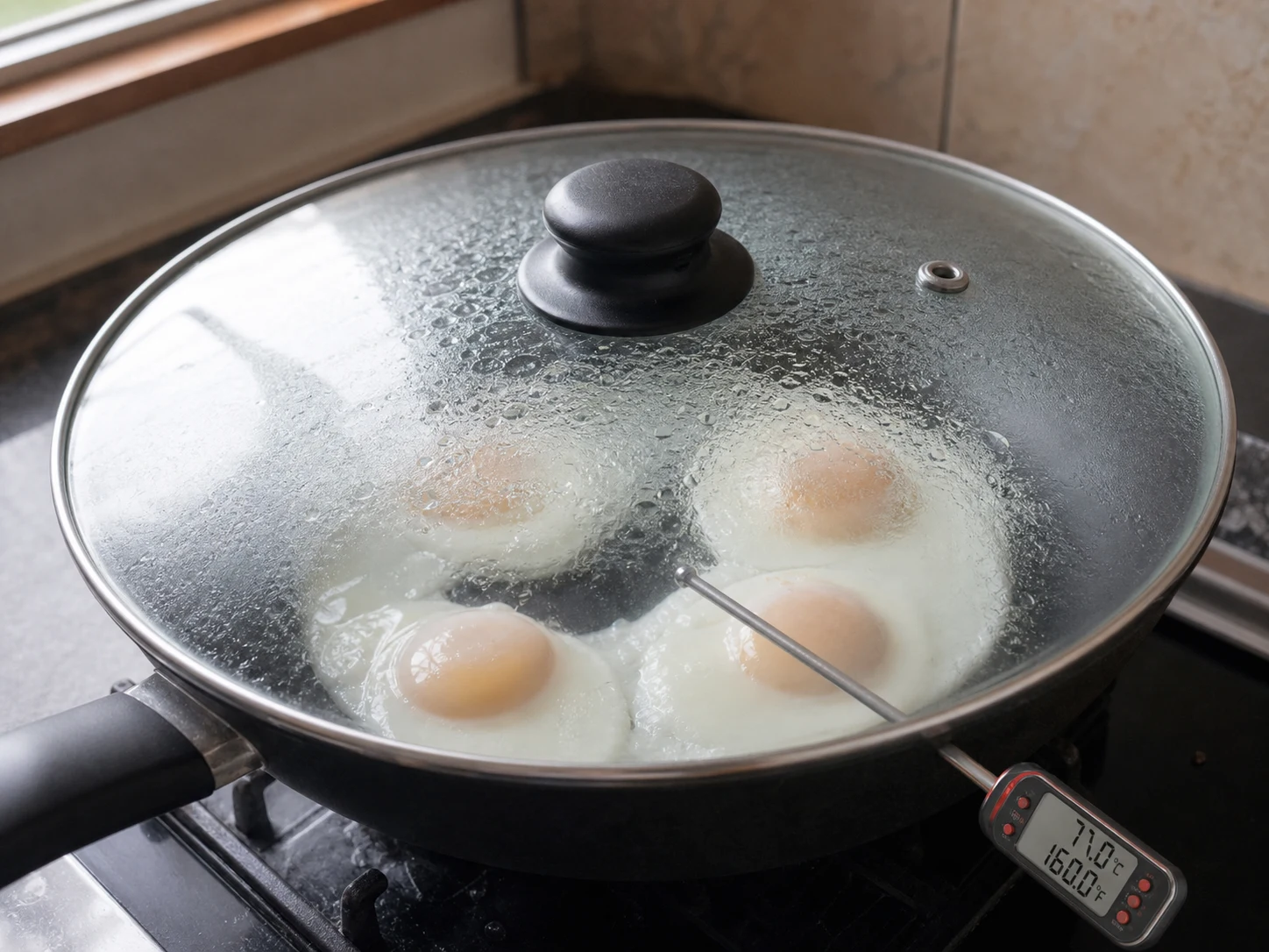 Cuatro huevos fritos con claras completamente firmes y yemas cuajadas en una sartén limpia