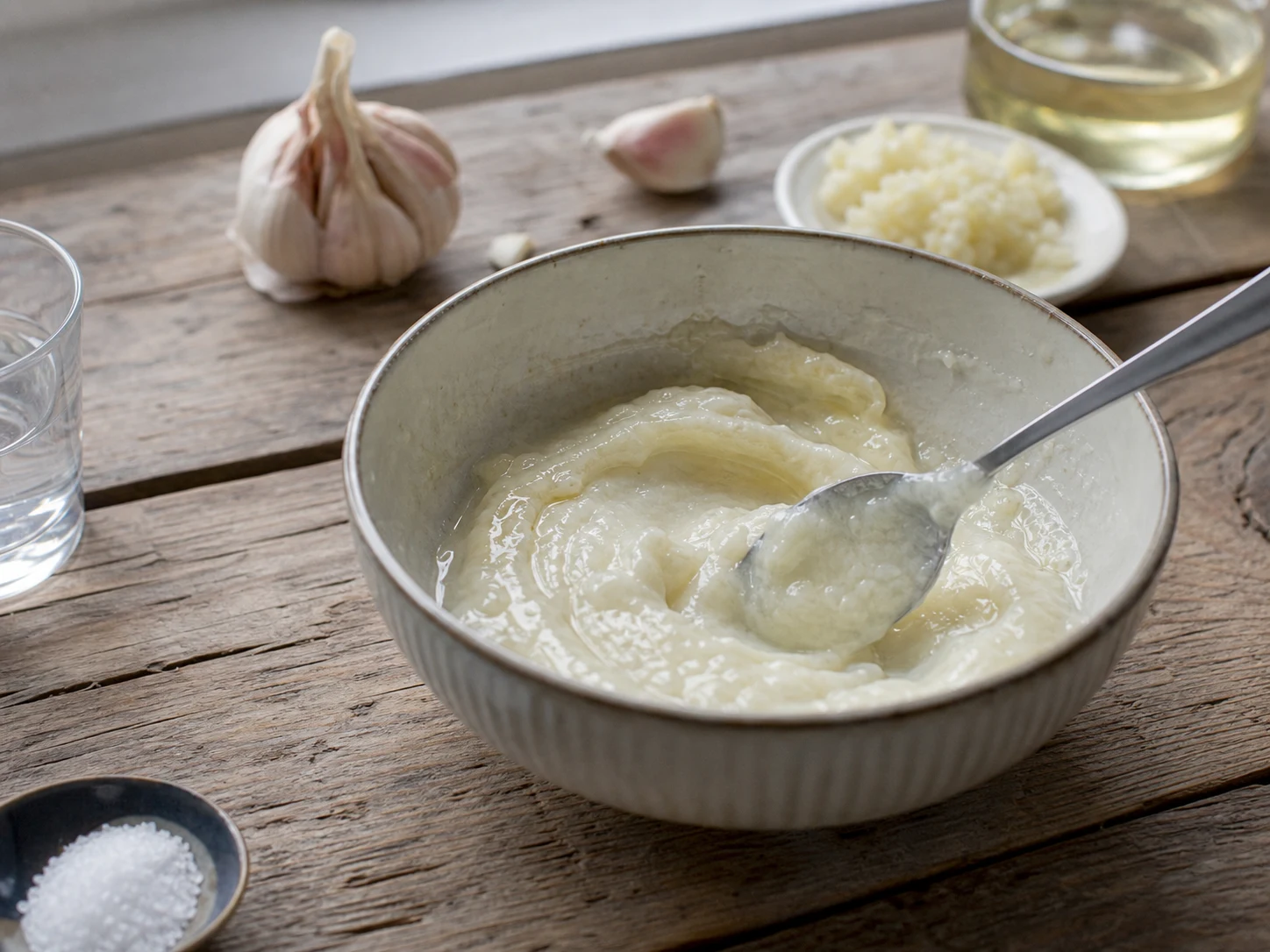 Salsa rumana de ajo mujdei, cremosa y con consistencia para servir con cuchara