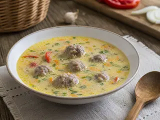 Tigela de sopa romena azeda com almôndegas, raízes, levístico e creme azedo