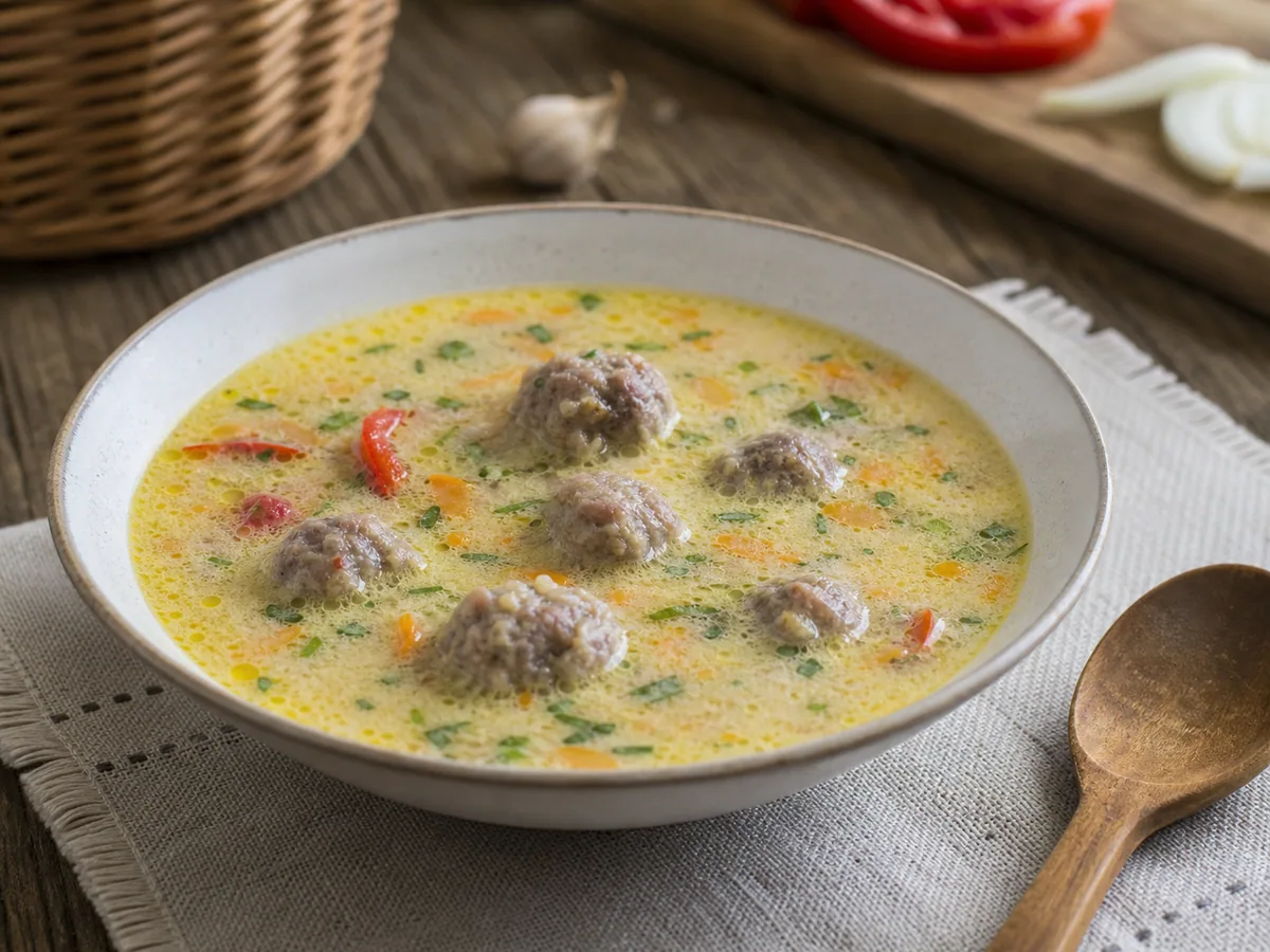 Tigela de sopa romena azeda com almôndegas, raízes, levístico e creme azedo