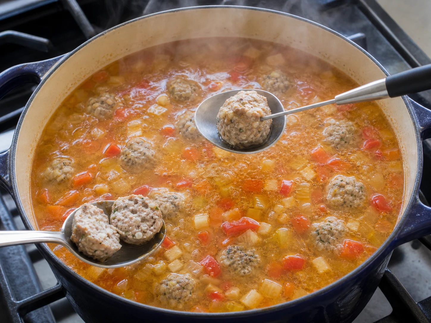 Albóndigas de arroz ya cocidas que hierven suavemente en la sopa rumana ácida, mientras se verifica una con un termómetro