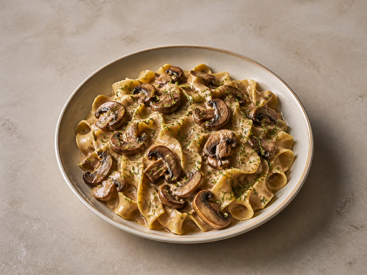Bowl of creamy Russian mushroom stroganoff with egg noodles and fresh dill